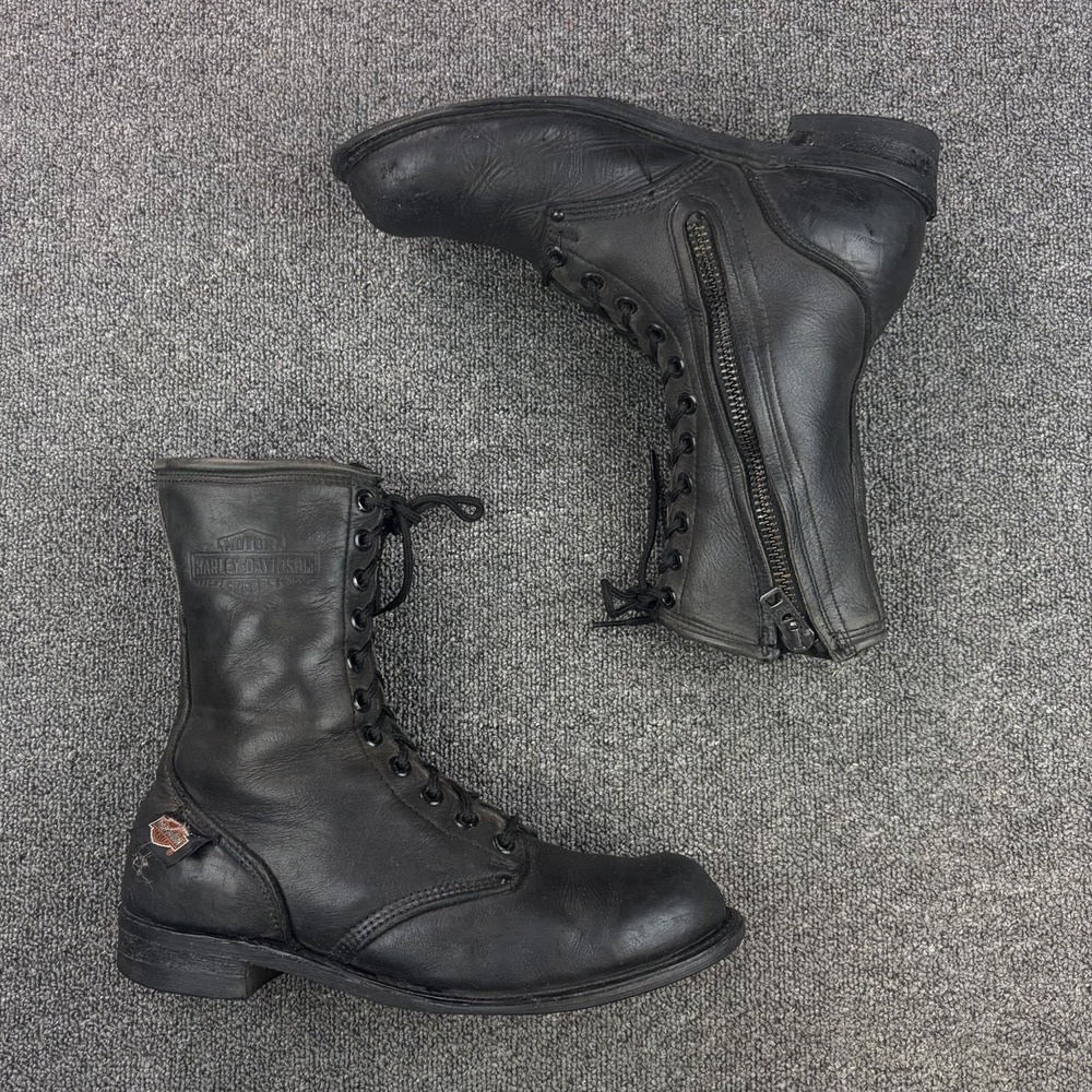 Harley Davidson 98417 Mens 12 Black Leather Side Zip Lace Up Motorcycle Boots